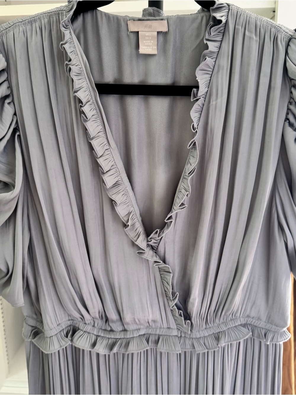 H&M Satin Frill Tiered Drape Midi Dress in the dusky blue / grey colorway